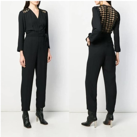Sandro Noya wrap-effect macramé‎ lace-paneled crepe jumpsuit EUR 40 US L (12-14) - Picture 1 of 16
